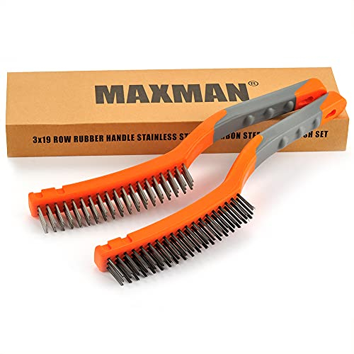 MAXMAN Wire Brushes, Stainless Steel Wire Brush and Carbon Steel Bristles Brush Set, Heavy Duty Wire Brushes for Cleaning Rust, Concrete, Wielding, Paint Removal, 14 Long Plastic Handle, Large,2 Pcs
