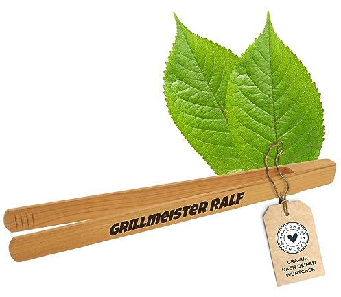 HOFMEISTER® Grillzange aus edlem Kirschholz mit Gravur des Namens und Wunschspruch, Geschenk für Männer, Vatertag, BBQ, nachhaltig, hitzebeständig & langlebig, 30 cm, Zange aus Holz