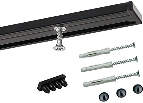 Deco-Raum Gardinenschiene auf Maß Aluminium 1-läufig vorgebohrt Vorhangschiene Deckenbefestigung für Schiebevorhang Vorhang Gardinen mit Befestigungsmaterial schwarz 60 cm Minimal