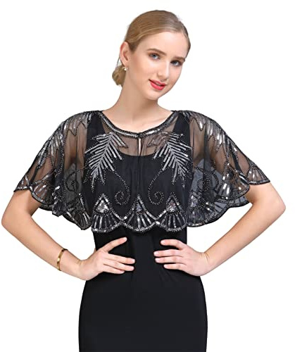 GIBZ Mujer Chal Lentejuelas Elegante Estola de Noche Cárdigan Suave 1920's Vintage para Fiesta, Plata