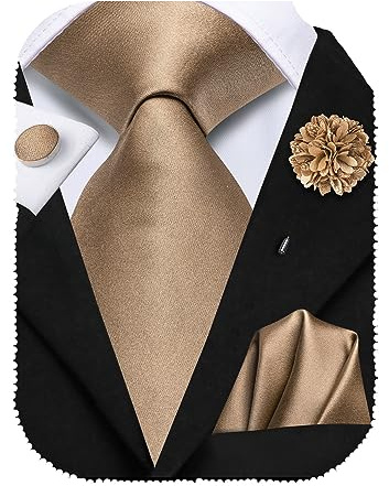 Hi-Tie Dark Gold Ties for Men Silk Solid Bronze Mens Tie and Flower Pin Pocket Square Set Dress Necktie for Wedding Party
