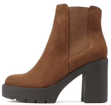 Soda EDITOR ~ Women Lug Sole High Heel Chelsea Fashion Ankle Boot w/Double Elastic Gore (Chestnut Imit Suede, 10)