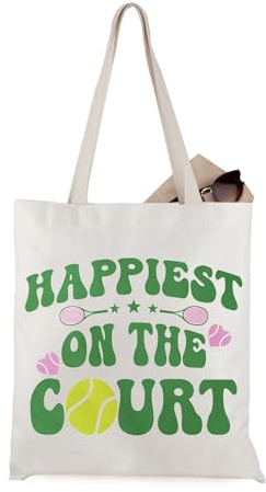 JTOUK Tennis Gift Happiest On The Court Tennis Sports Bag Tote Bag for Women (On The Court Tote EU)