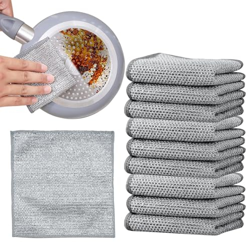 WakiHong 10 Pcs PañO De Alambre Multifuncional,Paños Multiusos de Alambre,Paño De Cocina Reutilizable Antirrayas,para Cocina,Ollas y Sartenes,Cocinas.(Doble Capa,Plata)