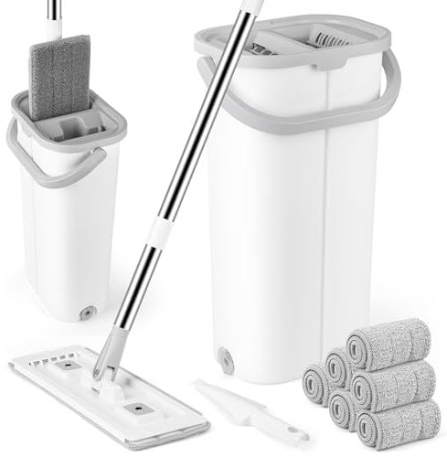 Wischmopp Set mit Eimer GIOVARA Wischeimer mit Auswringfunktion, dreieckiger 360-grad-reinigungsmopp, putzeimer mit wischmop mit 6 Mikrofaser Pads für Alle Böden,Weiß (Wischmopp-Set)