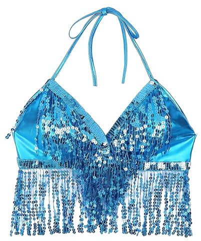 EOYVAIL Bikinioberteile für Damen,Pailletten-Neckholder-Top für den Bauchtanz, Pailletten-Top, Boho-Fransen-Top, rückenfreier BH (Türkis)