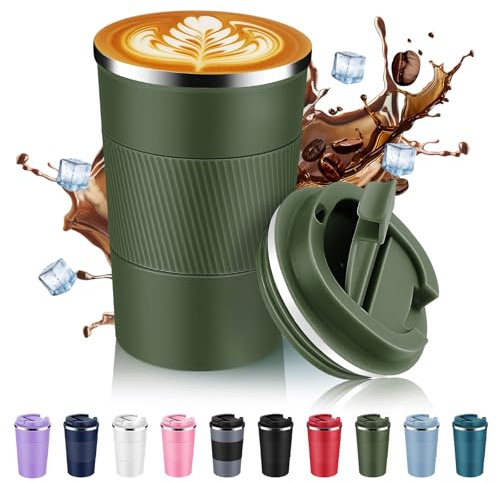 Volhoply 380ml 13oz Stainless Steel Insulated Travel Coffee Mug with Fip Lid,Reusable Double Wall Vacuum Metal Coffee Cup,Portable to Go Leak Proof Cafe Tumbler for Hot & Cold Drinks(Army Green,1)