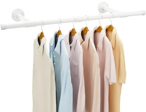 IBUYKE Barra Ropa Pared de 94cm, Barra Perchero de Pared de Tubo Metálico Industrial con Capacidad de Carga de 50kg, Barra Armario para Ropa Extraíble en el Hogar, Blanco TYJ006W