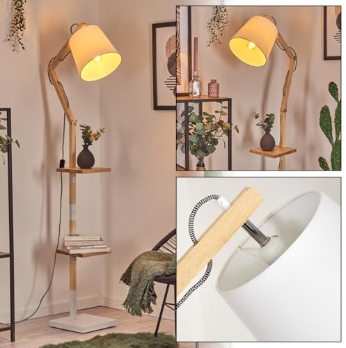 HOFSTEIN Golvlampa, tukkör, golvlampa av trä/metall/tyg i natur/vit, justerbar lampa i bohodesign med hyllor och strömbrytare, 152,5 cm, E27, vardagsrum, sovrum, matsal