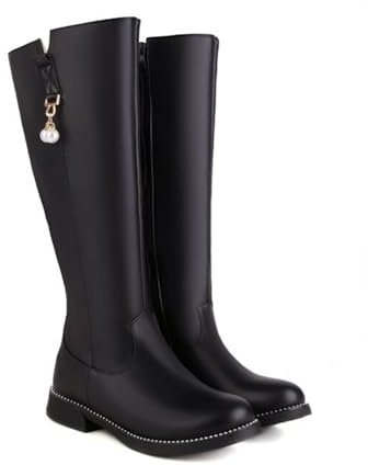smlekwc Bottes Hautes Au Genou À Bout Rond pour Femmes Bottes De Chevalier À Talon Plate avec Perle Bottes Longues en Cuir PU avec Fermeture Éclair Latérale,Noir,44.5 EU