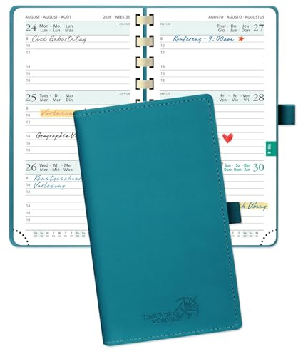 POPRUN Agenda Piccola 2026 Spirale 16,5 x 9 cm, Copertina Morbida, Planner 2026 Tascabile con Angoli a Strappo, Pelle Vegana, Carta Spessa da 100 GSM, Verde Pacifico