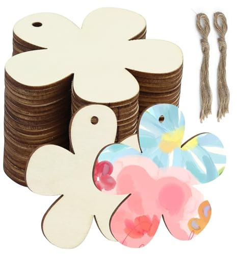 20 stycken Träblommor, träblommor skivor med snöre, 7,5 cm att måla, naturliga träskivor hantverk, för gör-det-själv hantverk, scrapbooking julgran, hänge