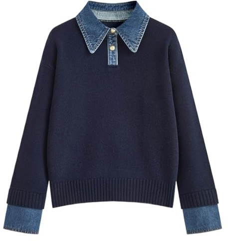 Générique Pull-Over décontracté pour Femme avec col Tricot Ample et Finition Denim élégant pour Un Style Polyvalent Chemise Confortable en Fil Doux Parfait Tous Les Jours (Navy, One Size)