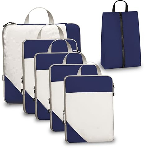 Sonnetto Compression Packing Cubes for Travel, Set of 6 Expandable Luggage Organizers with White Mesh, Lightweight Polyester Oxford Suitcase Essentials for Carry-on & Checked Luggage, Royal Blue