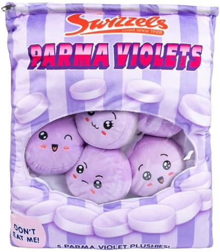 Quickdraw Supplies Swizzels Parma Violets Rainbow Drops Plush Toys Set of 5 Soft Sweet Plushies in Candy Style Bag Cute Cuddly Sweets Plush Kids Toy Gift Novelty Soft Toy Set (Parma Violets)