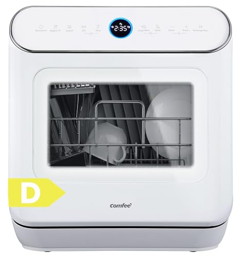 COMFEE' CDWMT305WD Mini Lavavajillas de Sobremesa Compacto con 3 Cubierto, 7 Programas, Control Táctil, Pantalla LED, 72℃ Lavado higiénico, 24h Inicio Diferido y Apertura Automática de Puertas, Blanco