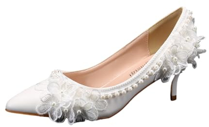Kvinnors vita satin bröllopsskor spetsig tå kattunge klack pumps med spetsblomma och pärla pärlor brudklackar för brud brudtärna bal kväll fest, Vitt, 40 EU