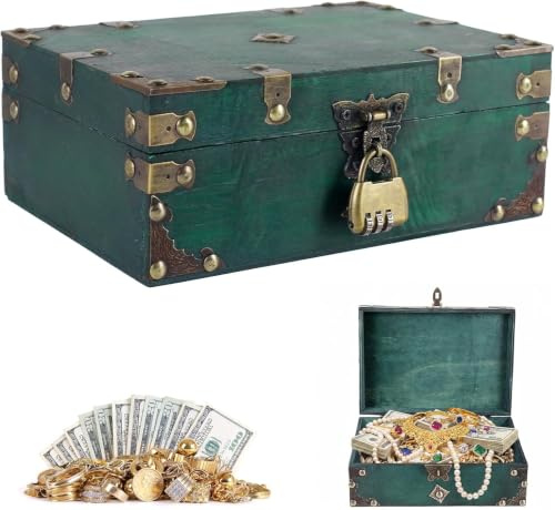 Gusmigus Coffre au Tresor en Bois, Coffre Tresor Vintage Vert, avec Combinaison, Coffre Pirate 24x17x10cm, pour Anniversaire, Stockage Décoration