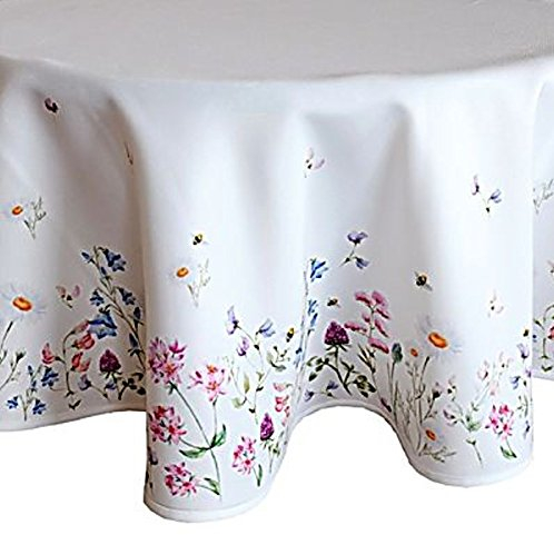 Raebel OHG Apolda Tischtuch Rund 130 cm Pflegeleicht Weiß Blumenwiese Bunt Frühlingsdecke Tischdecke (130 cm)