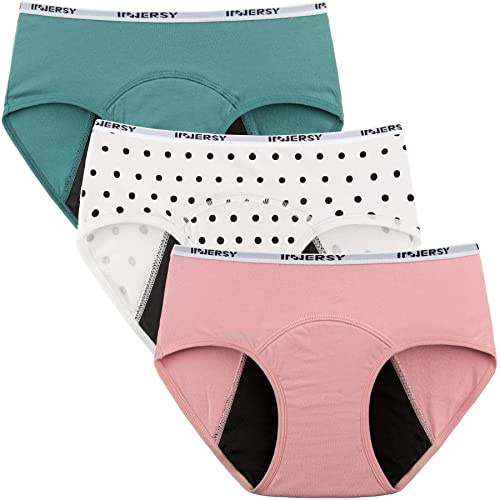 INNERSY Bragas Menstruales Niña Ropa Interior Protección Algodón Braguitas Regla 8-16 Años Pack de 3 (12-14 Años, Refrescante Puntos Azul Rosa)