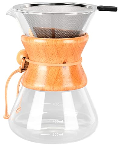 Manual Pour Over Coffee Maker, 600Ml/20.29OZ Borosilicate Glass And Stainless Steel Drip Hand Brewer Jug Maker Filter with Permanent Tea Pot Wood Protective Sleeve for Home Office Gift