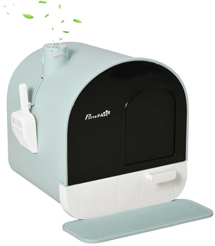 PawHut Bac à litière pour Chat Maison de Toilette pour Chat avec Porte battante, Pelle et Filtre Inclus dim. 43L x 44l x 47H cm