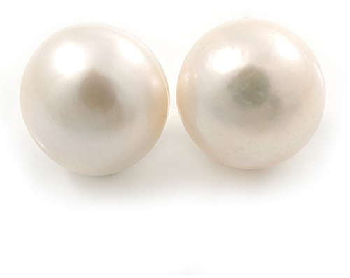 10mm White Off-Round Cultured Freshwater Pearl Stud Earrings In Silver Tone