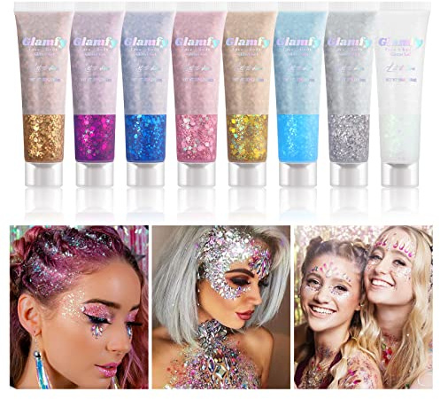 8 Color Body Glitter,Face Glitter Gel,Hair Glitter,Self Adhesive Glitter Gel,Chunky Glitter Festival Accessories,Cosmetic Glitter Makeup