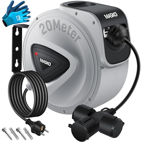 MASKO® Enrouleur de câble automatique, 20 m, avec connecteur à 3 positions, rotatif à 180 °, câble d'alimentation de 1,5 m, support mural, atelier, enrouleur de câble, enrouleur de câble, enrouleur de