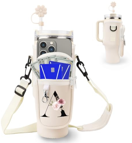 Initial Personalized Water Bottle Bag for Stanley 40oz Tumbler,with Phone Pocket,Neoprene Water Bottle Carrier with Adjustable Strap and Straw Cover & Carabiner,for Stanley Cup Accessories (A)