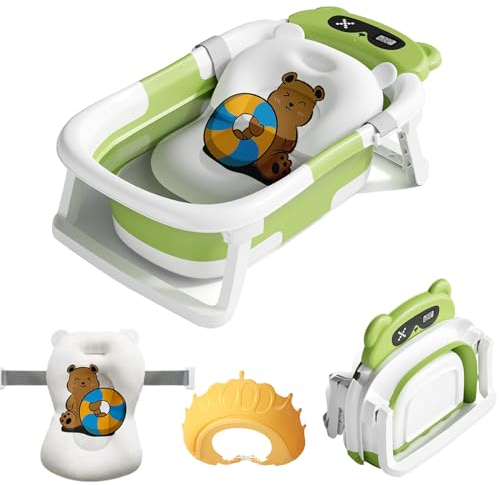 LiveGo Baby Badewanne mit Echtzeit-Temperaturüberwachung, Faltbare Babybadewanne für Neugeborene und Kleinkinder, Tragbare Badewanne mit Rutschfester Sitzmatte, Ideal für 0-36 Monate