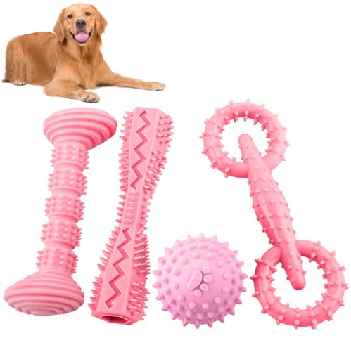 Kapetgo Lot de 4 jouets de dentition pour chiot de 2 à 8 mois - Jouet à mâcher pour le nettoyage des dents - Distributeur de nourriture - Os en caoutchouc souple - Boule interactive interactive en