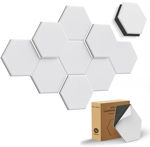 Lot de 12 panneaux acoustiques hexagonaux autocollants (MLV) - Panneaux acoustiques efficaces en feutre - Absorbeur de bruit pour studio, traitement acoustique et décoration murale - 30 x 26 x0.9cm