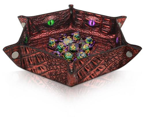 Byhoo Plateau à dés DND motif crocodile, plateau à dés hexagonaux pliable, plateau à dés phosphorescent, parfait pour les RPG, DND et les jeux de table (rouge)