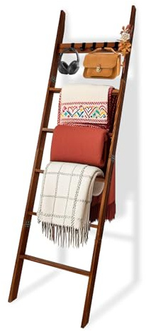 Wooden Blanket Ladder with Removable Hooks, 6-Tier 5.66 Ft (68 Inch) Rustic Blanket Rack, Blanket Ladders for Living Room & Bedroom, Easy Assembly, Perfect for Displaying Blankets & Scarves, Brown