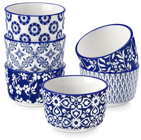 Creme Brulee Schälchen 6 Stück, vancasso SELENE Souffle Förmchen Backofenfest 120ml, Ofenfeste Förmchen Ø 8cm, Ragout Fin Schalen aus Porzellan, Mikrowellenfest und Spülmaschinenfest, Blau-weiß