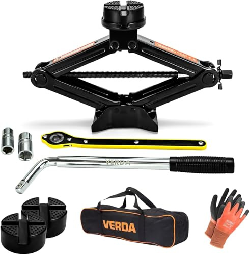 VERDA Cric a pantografo 2,5 T (2500 kg), 110-420 mm, 2x gomma, cric con chiave per dadi ruota, chiave a cricchetto, piastra in acciaio allargata, borsa, Car Jack Auto SUV MPV