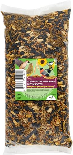 UGF Vogelfutter Wildvögel Ganzjährig 800g, Wildvögelfutter mit Sonnenblumenkerne, Soldatenfliegenlarven und Pellets mit Mehlwürmer, Zutaten für die Ganzjährige Fütterung
