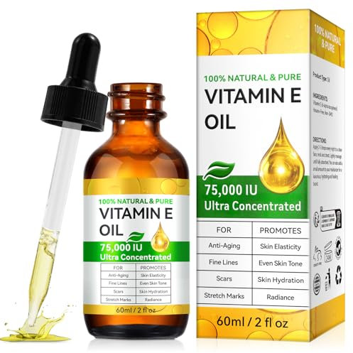 Huile de vitamine E - 75 000 IU - Pour la peau, les cicatrices, le visage et le corps - Hydrate la peau sèche et réduit les ridules - 60 ml
