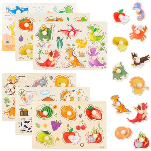 NewZC Puzzle Madera Infantil Educativo Set 6 Piezas Montessori Rompecabezas Bebes de Madera - Puzzle Encajable con Mango para Juguetes Preescolar Niños y Niñas 1 a 5 Años