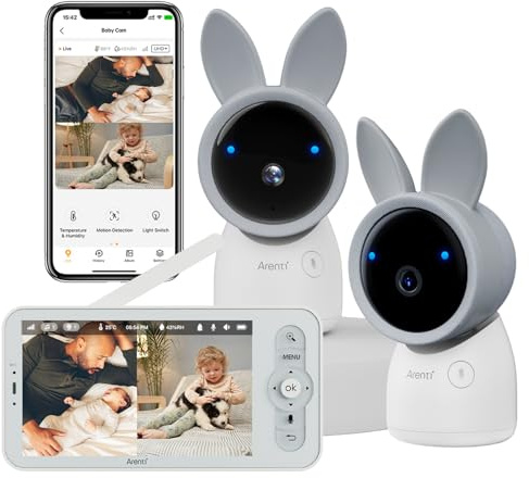ARENTI Baby Monitor with 2 Cameras, Cry&Motion Detection, 2K Smart Baby Camera with 5'' Upgraded Wireless Display, 2 Way Audio, Super Night Vision, Lullabies, Breathing Light, Temp&Humidity Sensor