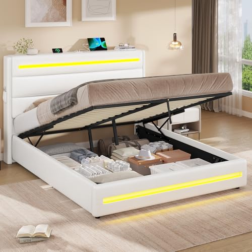 KIMENICH Cama 160 x 200 con Iluminación LED, Cama Hidráulica de 160 x 200 cm, Camas Tapizada Doble, Marco de Camas con Espacio de Almacenamiento y Base de Carga, Dormitorio, PU Blanco