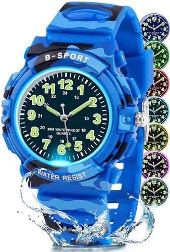 DTKID Kids Watches for Boys and Girls, 7 Colour Lights Waterproof Outdoor Sports Boys Watch, Analogue Quartz Childrens Watch with Soft Strap Watches for Kids Ages 5-16 Camo Blue
