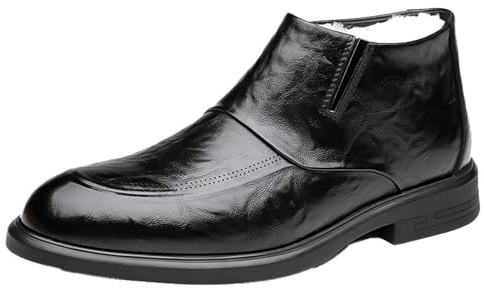 Générique Hommes Cuir PU Bottes Courtes avec Fermeture Éclair Latérale Bottines Doublées De Fourrure Talon Plate Chaussures De Robe De Bureau,Noir,40 EU