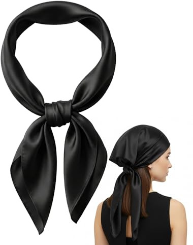 Bliceon Black Silk Scarf for Women, 35inch Large Square Head Scarf, Black Headscarf Accessories for Sleeping, Wrap, Holiday Gifts for Women