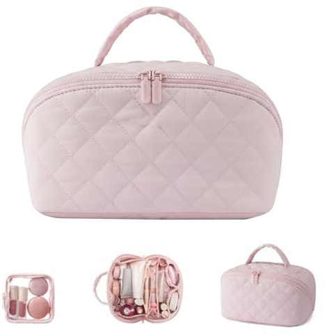 HiTotes Travel Makeup Bag Quilted Cosmetic Bag for Women Open Lay-Flat Toiletry Bags Makeup Travel Bag with Multiple Compartments