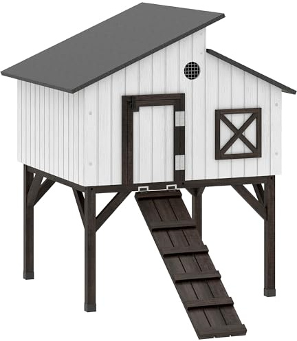 PawHut Chicken Coop, Elevated Hen House with Nesting Box, Rabbit Hutch with Ramp, Openable Roof, Perching Bar, Outdoor Wooden Duck House Poultry Cage for 2 Chicken, Rabbits, Small Animals