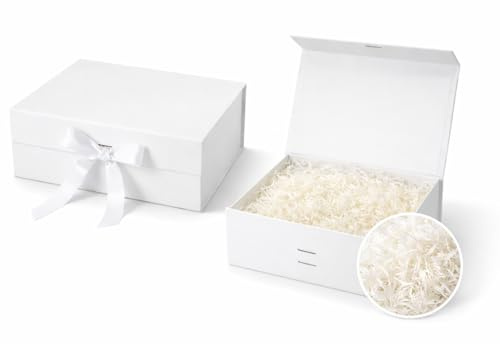 Scatola Regalo di Lusso con Coperchio Magnetico, Box Rigido 33 * 25 * 12.5cm con Nastro e Carta Rafia, Confezione Elegante per Regali, Eventi e Bomboniere (Bianco)
