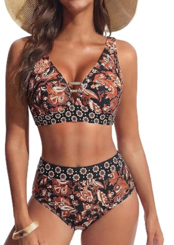 Hanna Nikole Women High Waist Bikini Sets,Retro Push up Swimming Custom,2 Piece Cutout Swimsuit,V Neck Bathing Suits,Sexy Swimwear Tummy Control Beachwear