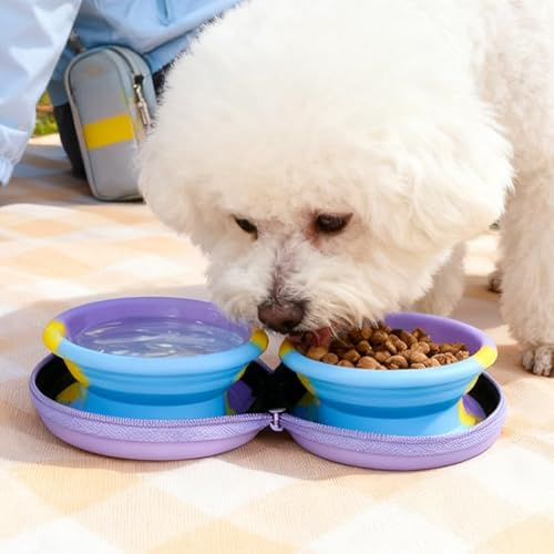 2 in1 Ciotola Pieghevole per Cani, mini Ciotole per Cani da Viaggio Silicone, 250ml Ciotola Acqua cane Portatile Custodia in Tessuto Oxford per Viaggi ed Escursioni